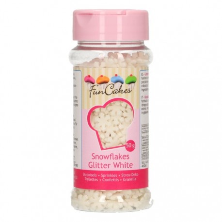 FunCakes Dekorativni posip Glitter Snowflakes White / Bele snežinke 50 g