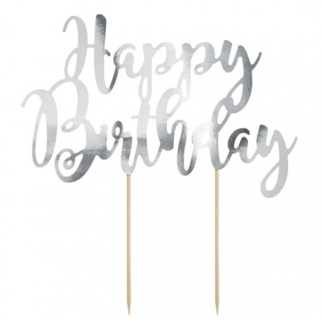 PartyDeco Cake Topper KPT11-018M Happy Birthday Silver